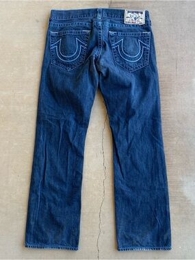 True Religion Straight Denim Jeans Blue Chain Stitching Grunge Glo Gang Opium